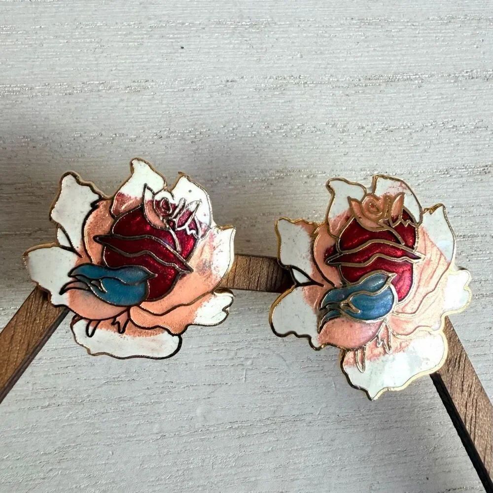 Vintage Cloisonné Rose Clip-On Earrings